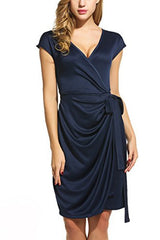 Women's Classic Cap Sleeve V-Neck Draped Tie-Belt Cocktail Wrap Dress