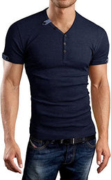 Aiyino Mens Casual V-neck Button Cuffs Cardigan Short Sleeve tShirts