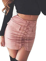 Allegrace Women Sexy Lace Up Bodycon Faux Suede Fashion Big Pocket Mini Skirt