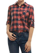 Allegra K Woman Roll Up Sleeves Buttoned Boyfriend Plaids Shirt