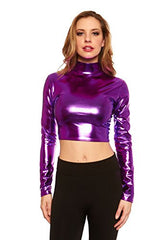 Red Hanger Women's Crop Top - Metallic Wet Look Mock Neck Turtleneck - Long Sleeve