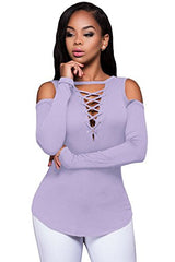 FARYSAYS Women's Sexy Cold Shoulder Blouse Lace-Up Ribbed Tops