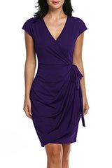 Women's Classic Cap Sleeve V-Neck Draped Tie-Belt Cocktail Wrap Dress - Free + Shipping