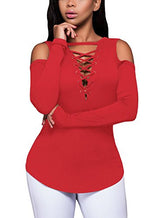 FARYSAYS Women's Sexy Cold Shoulder Blouse Lace-Up Ribbed Tops