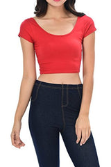 Womens Trendy Solid Color Basic Scooped Neck and Back Crop Top