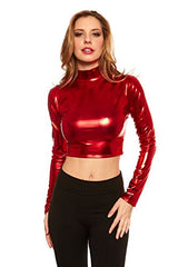 Red Hanger Women's Crop Top - Metallic Wet Look Mock Neck Turtleneck - Long Sleeve