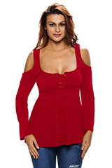 FARYSAYS Women's Sexy Cold Shoulder Blouse Lace-Up Ribbed Tops