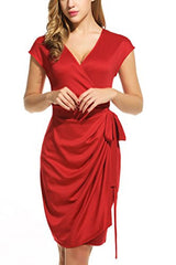 Women's Classic Cap Sleeve V-Neck Draped Tie-Belt Cocktail Wrap Dress - Free + Shipping