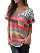 Q&Y Women's V-neck Striped Casual Short Sleeve T-shirt Blouse Tees Tops