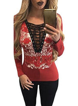 Astylish Women Sexy Casual Printed V-neck Long sleeve Bandage T-shirt Tops Tees