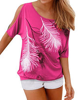 Lovaru Women's O Neck Feather Print Shirt Casual Cutout Sleeve Top Blouse