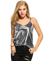 Romanstii Women Spaghetti Strap V-Neck Wet Look Clubwear Tank Tops