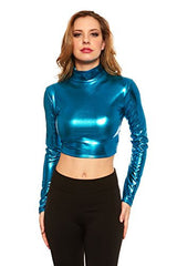 Red Hanger Women's Crop Top - Metallic Wet Look Mock Neck Turtleneck - Long Sleeve