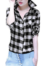 Allegra K Woman Roll Up Sleeves Buttoned Boyfriend Plaids Shirt