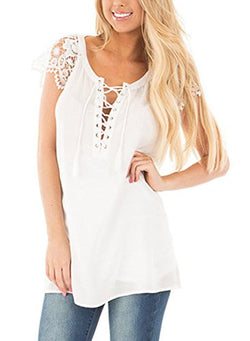Astylish Women Sexy Short With Lace Sleeves Casual Criss Cross Front Blouse Top