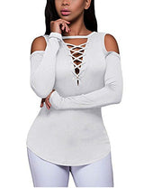 OLUOLIN Women's Sexy Off-Shoulder Tops Stretchy Ribbed Lace Up Shirt Blouses - Free + Shipping