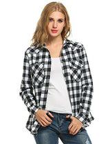 Zeagoo Women's Roll Up Sleeve Casual Loose Boyfriend Plaid Button Down Shirt