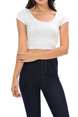 Womens Trendy Solid Color Basic Scooped Neck and Back Crop Top