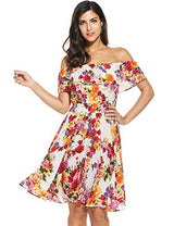 Meaneor Womens Summer Casual Floral Off Shoulder Ruffled A Line Swing Dress