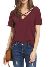 Romastory Women's Summer Tops Bandage V-Neck Casual Girls Tees T Shirt