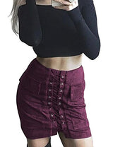 Allegrace Women Sexy Lace Up Bodycon Faux Suede Fashion Big Pocket Mini Skirt