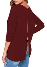 Halife Women's Round Neck Long Sleeve Back Zipper T-shirt Tops