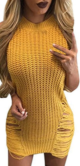 Pxmoda Women's Side Slit Ripped Knitting Pullover Loose Sweater Dress
