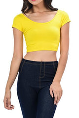 Womens Trendy Solid Color Basic Scooped Neck and Back Crop Top