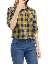 Allegra K Woman Roll Up Sleeves Buttoned Boyfriend Plaids Shirt