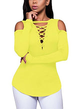 FARYSAYS Women's Sexy Cold Shoulder Blouse Lace-Up Ribbed Tops