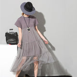 [Soonyour] 2017 ربيع الموضة الجديدة نمط فضفاض وهمية اثنين بأكمام قصيرة الرباط مستقيم اللباس ضئيلة صافي غزل فاتنة كبير الحجم النساء